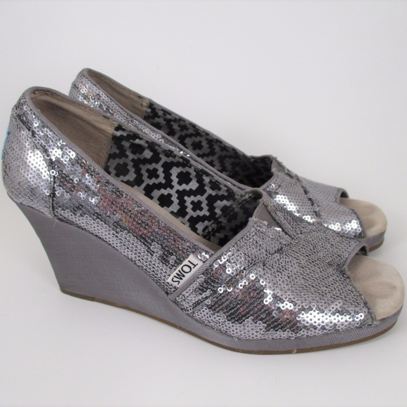 Toms 8 Wedge Peep Toe Stella Sequin Silver Dance - Picture 4 of 8